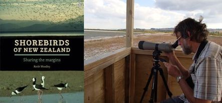 Shorebirds of New Zealand book cover and Keith Woodley looking through his spotting scope 